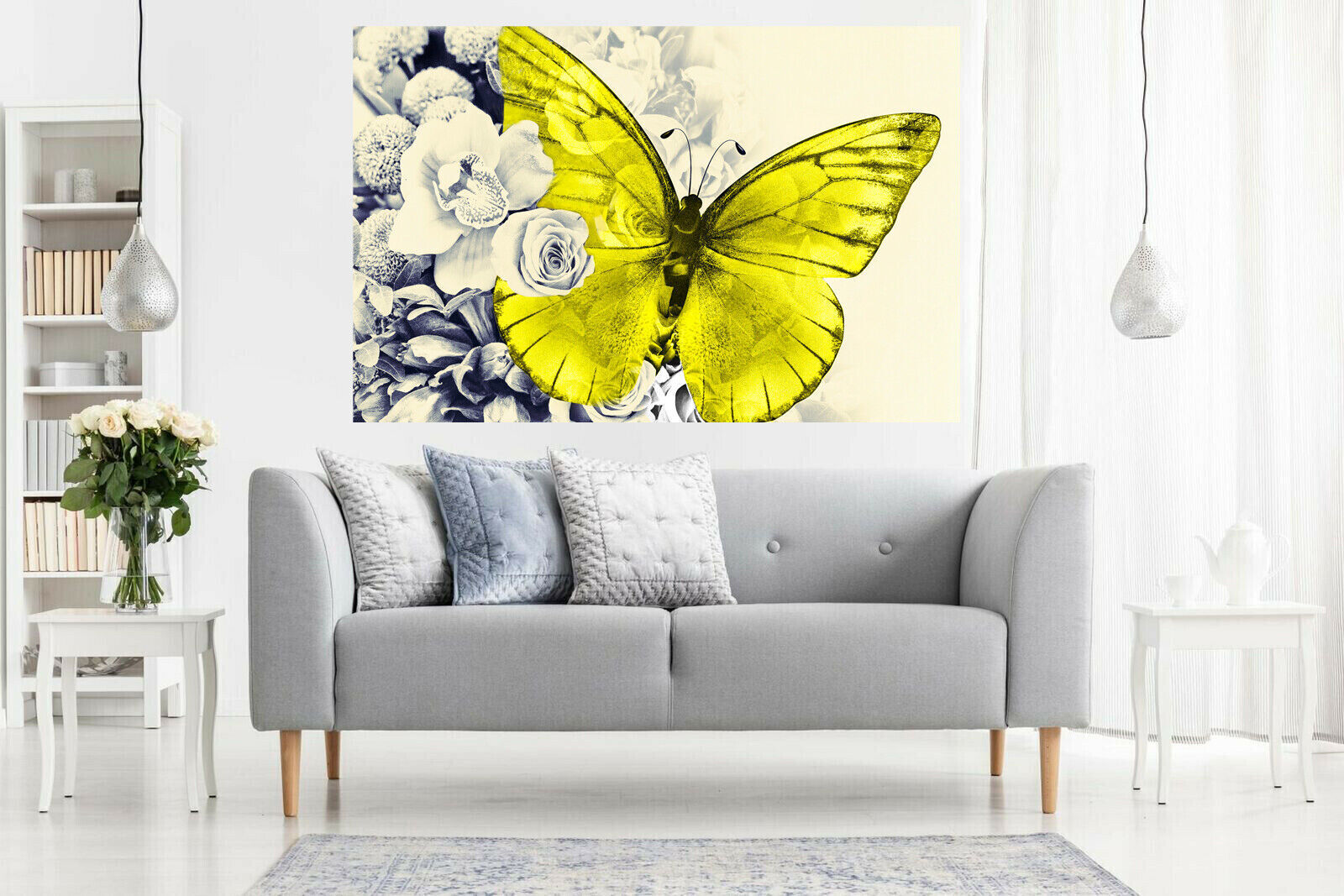 Yelllow butterfly on floral abstract background Canvas Wall Art Picture Print