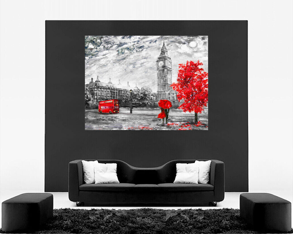 London Oil Painting Red Bus Umbrella Canvas Wall Art Picture Print