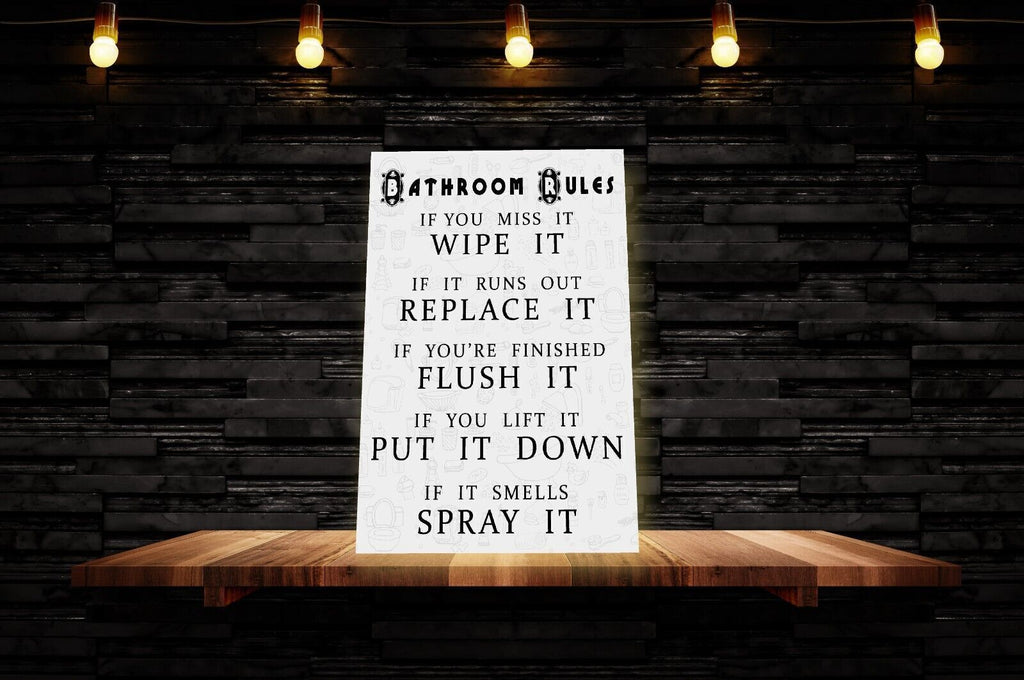 Black, White & Grey Bathroom Rules Quote CANVAS WALL ART Picture Print