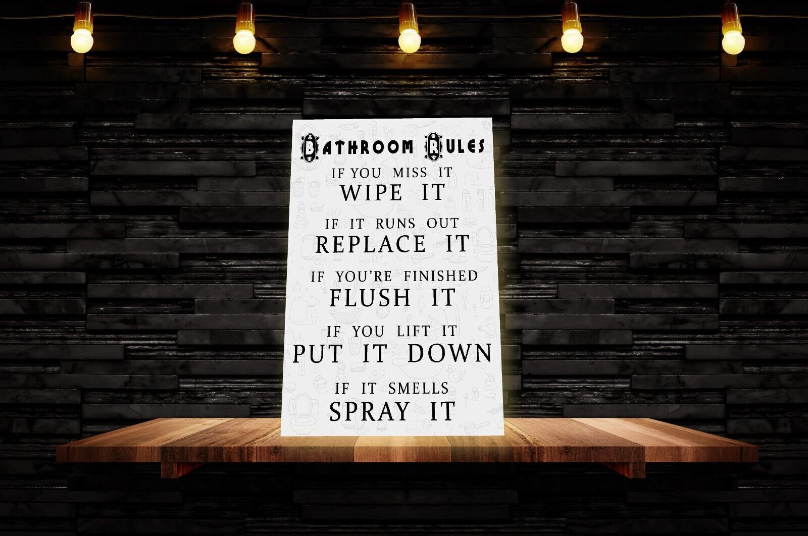 Black, White & Grey Bathroom Rules Quote CANVAS WALL ART Picture Print