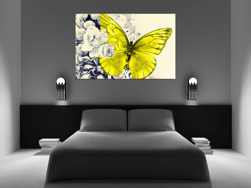 Yelllow butterfly on floral abstract background Canvas Wall Art Picture Print