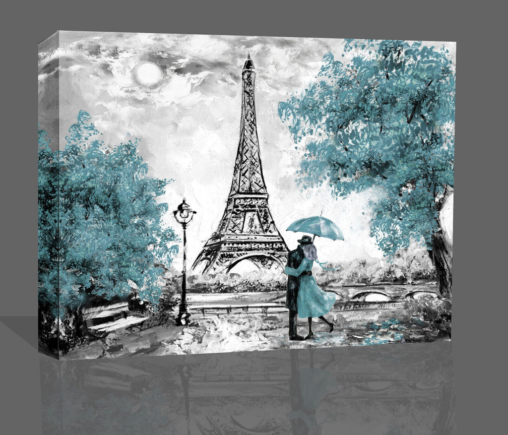 Duck Egg Blue Oil Painting Paris Eiffel Tower  Canvas Wall Art Picture Print
