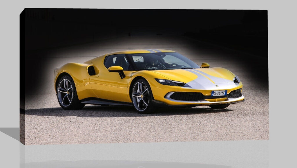 Yellow Ferrari 296 Sports Super car CANVAS WALL ART Picture Print