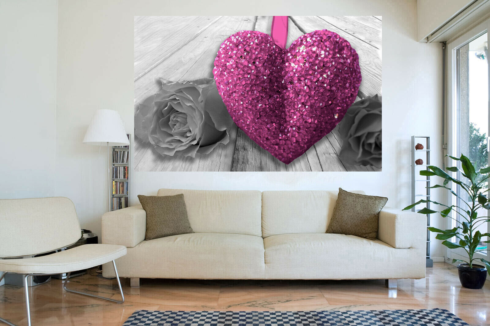 Pink Heart & Rose Flower on grey wood Canvas Wall Art Picture Print