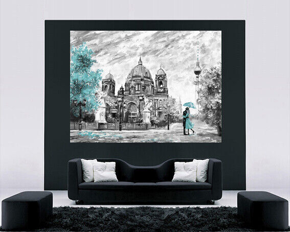 Duck Egg Blue Berlin City Umbrella Canvas Wall Art Picture Print Oil Painting