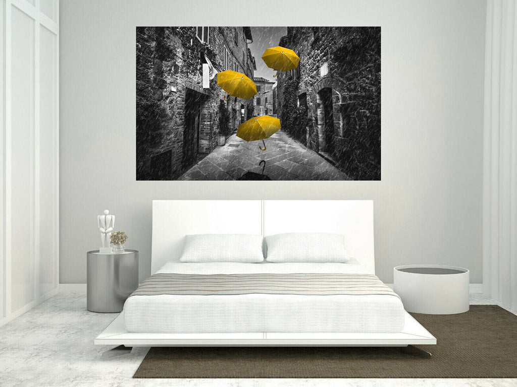 Flying yellow umbrellas in street in Tuscany Canvas Wall Art Picture Print