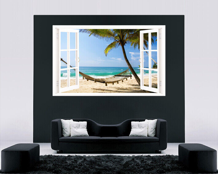 Hammock on Caribbean Beach Through Window CANVAS WALL ART Picture Print