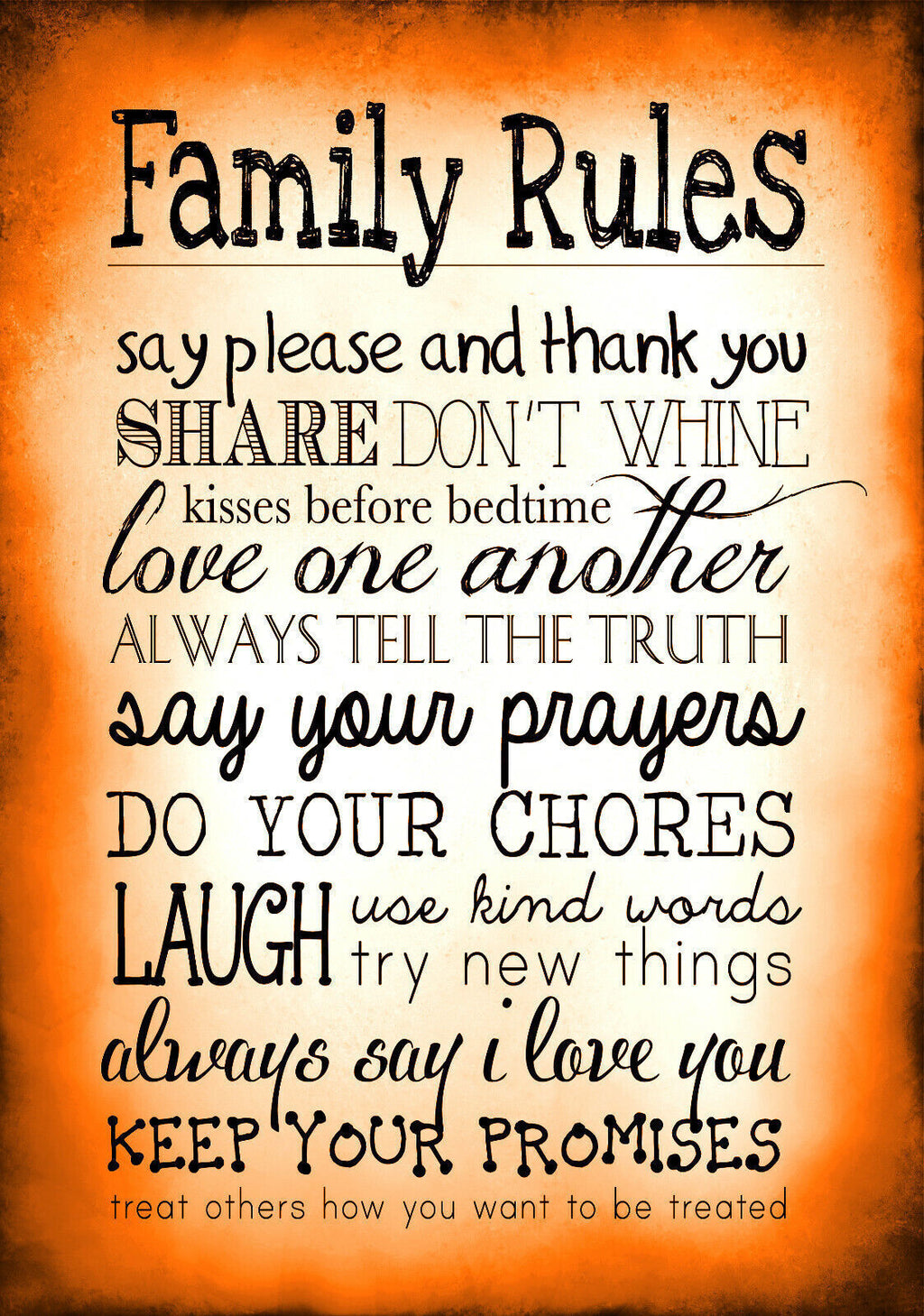 Orange Family Rules Quote, Canvas Wall Art Picture Print ALL SIZES, ANY COLOUR