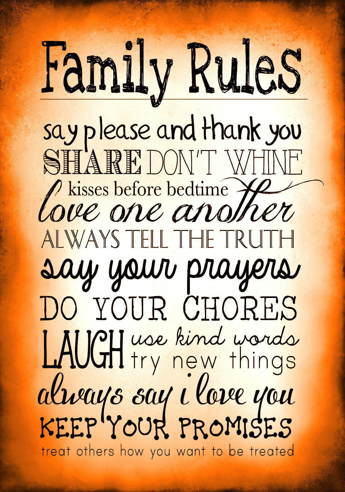 Orange Family Rules Quote, Canvas Wall Art Picture Print ALL SIZES, ANY COLOUR