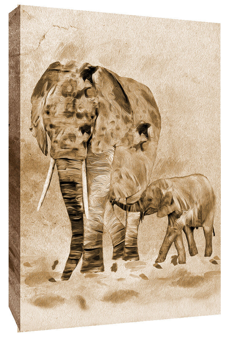 Brown / Sepia Tones Elephant & Baby Canvas Wall Art Picture Print - A0, A1, A2