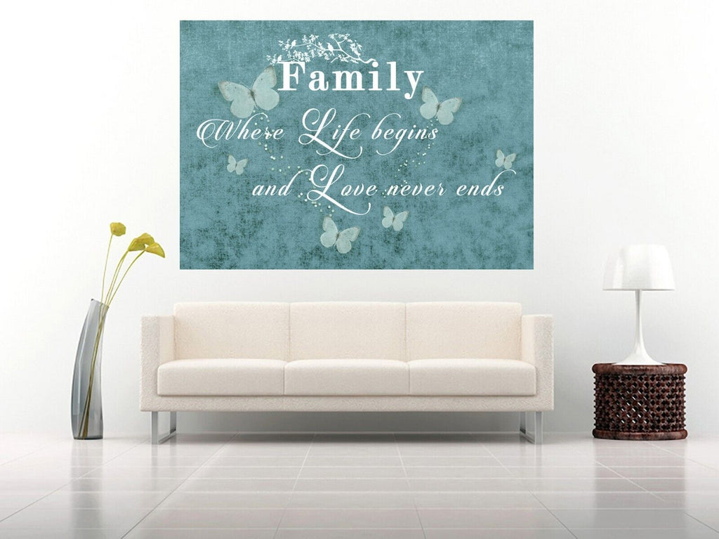 FAMILY QUOTE Where Life Begins - Duck Egg Blue Canvas Wall Art Picture Print