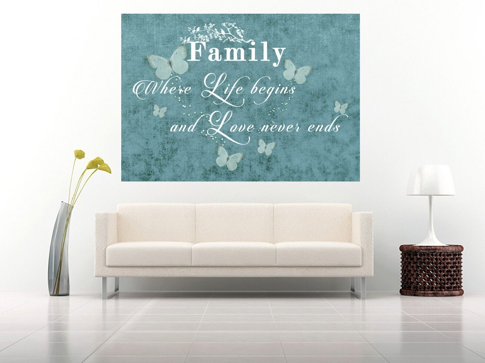 FAMILY QUOTE Where Life Begins - Duck Egg Blue Canvas Wall Art Picture Print