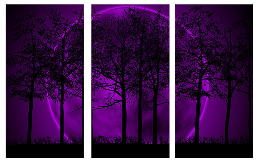 PURPLE MOON LANDSCAPE CANVAS WALL ART PICTURE - 3 PANELS 41" X  26"