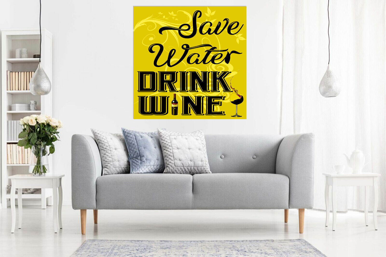 Yellow Mustard Save Water Drink Wine Quote Canvas Wall Art Picture Print