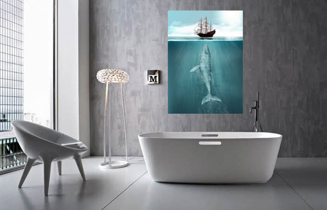 Duck Egg Blue Whale & Ship Maritime Bathroom Canvas Wall Art print picture