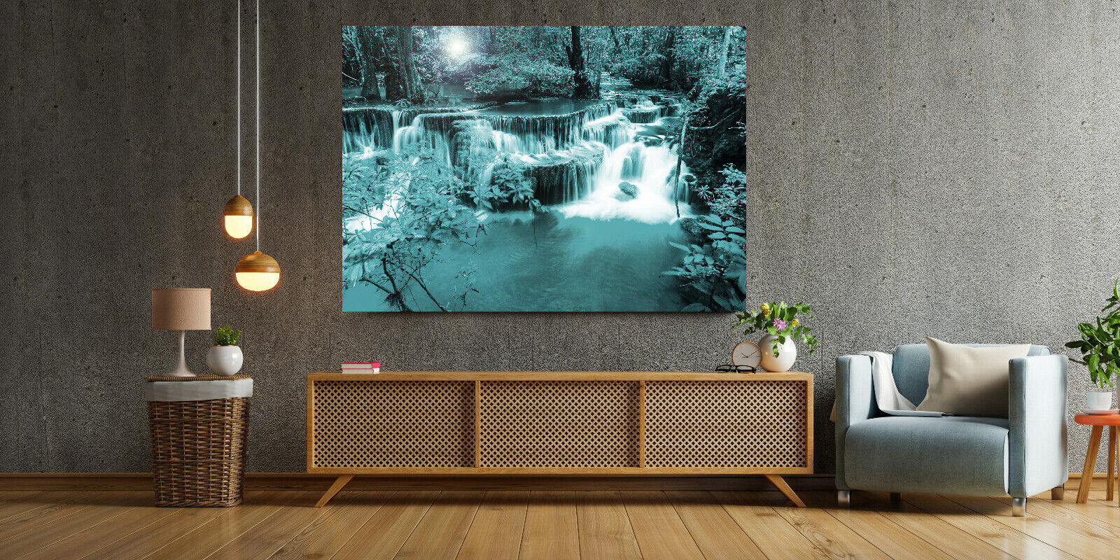 Duck Egg Blue Waterfall Trees Landscape Canvas Wall Art Picture Print