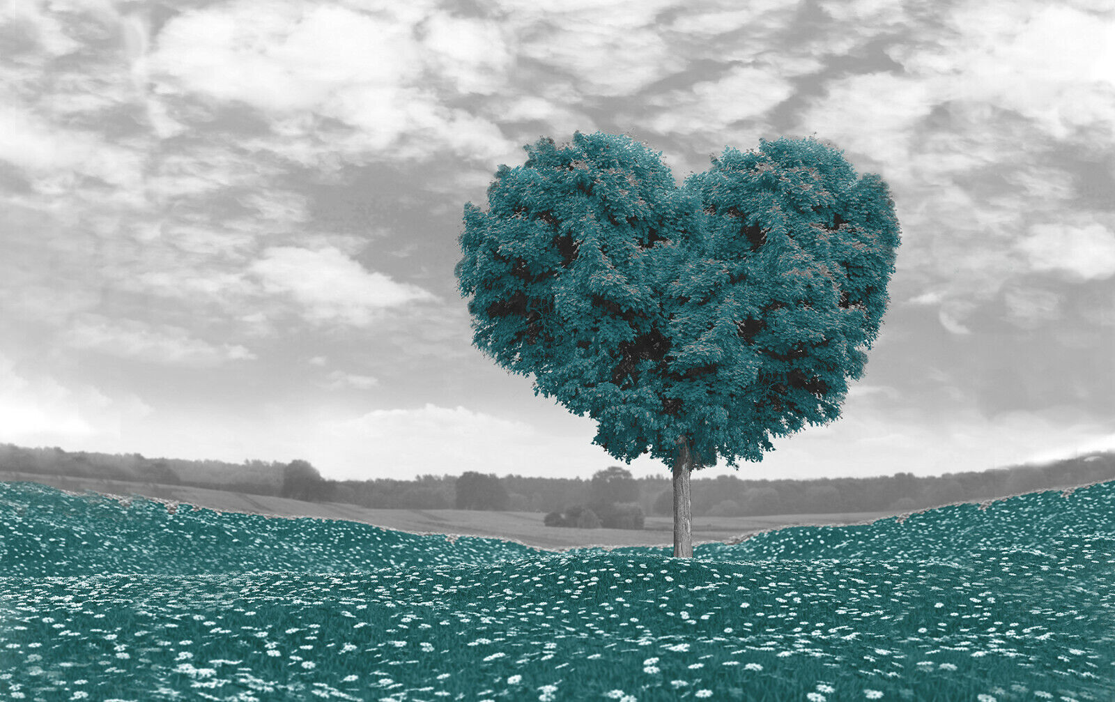 Duck Egg Blue Love Heart Tree Landscape Canvas Wall Art Picture Print