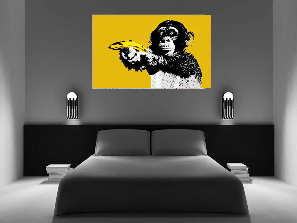 MUSTARD / YELLOW MONKEY POINTING BANANA ABSTRACT CANVAS WALL ART PICTURE PRINT