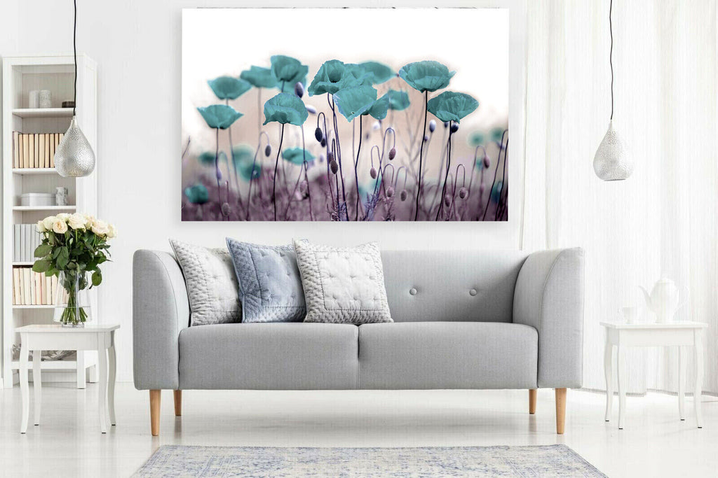Abstract Duck Egg Blue Poppies Flowers CANVAS WALL ART Picture Print