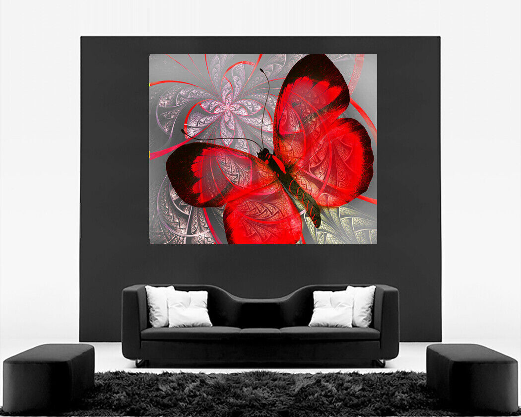 Abstract Canvas Print Floral Butterfly Red Grey Unique Wall Art Various Sizes