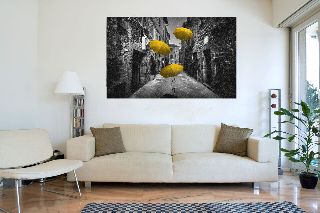 Flying yellow umbrellas in street in Tuscany Canvas Wall Art Picture Print