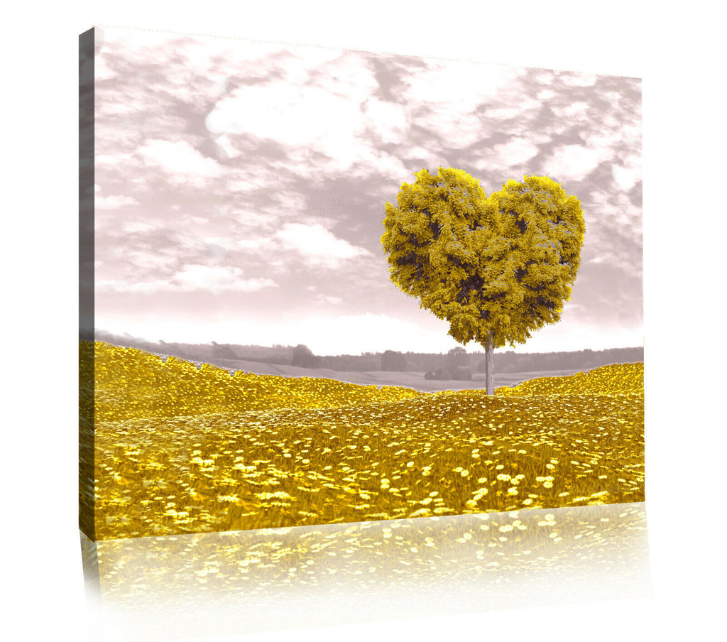 Yellow / Mustard Love Heart Tree Landscape Canvas Wall Art Picture Print