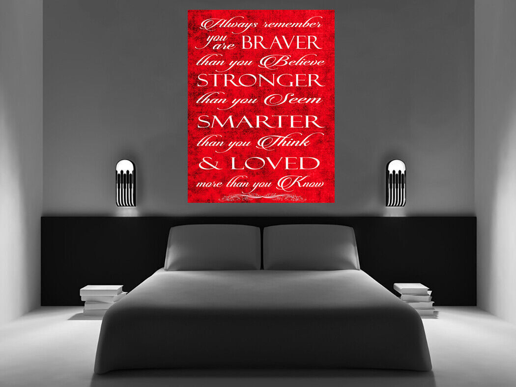 Always Remember You're Braver Quote Red Canvas Wall Art Picture Print