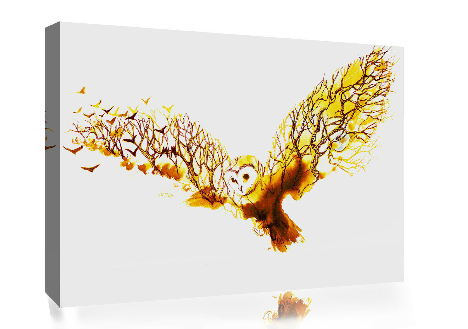 YELLOW MUSTARD WATERCOLOUR ABSTRACT OWL TREE CANVAS PRINT WALL ART PICTURE