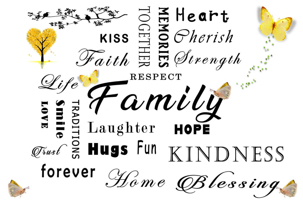 FAMILY QUOTE WORDS YELLOW / MUSTARD BUTTERFLY CANVAS WALL ART Picture Print