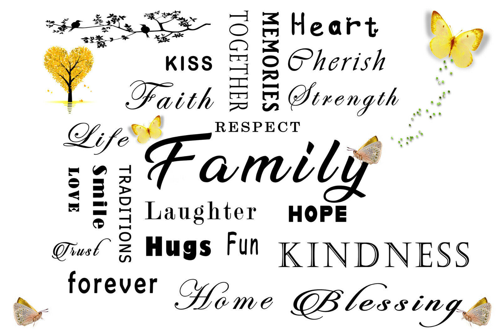 FAMILY QUOTE WORDS YELLOW / MUSTARD BUTTERFLY CANVAS WALL ART Picture Print