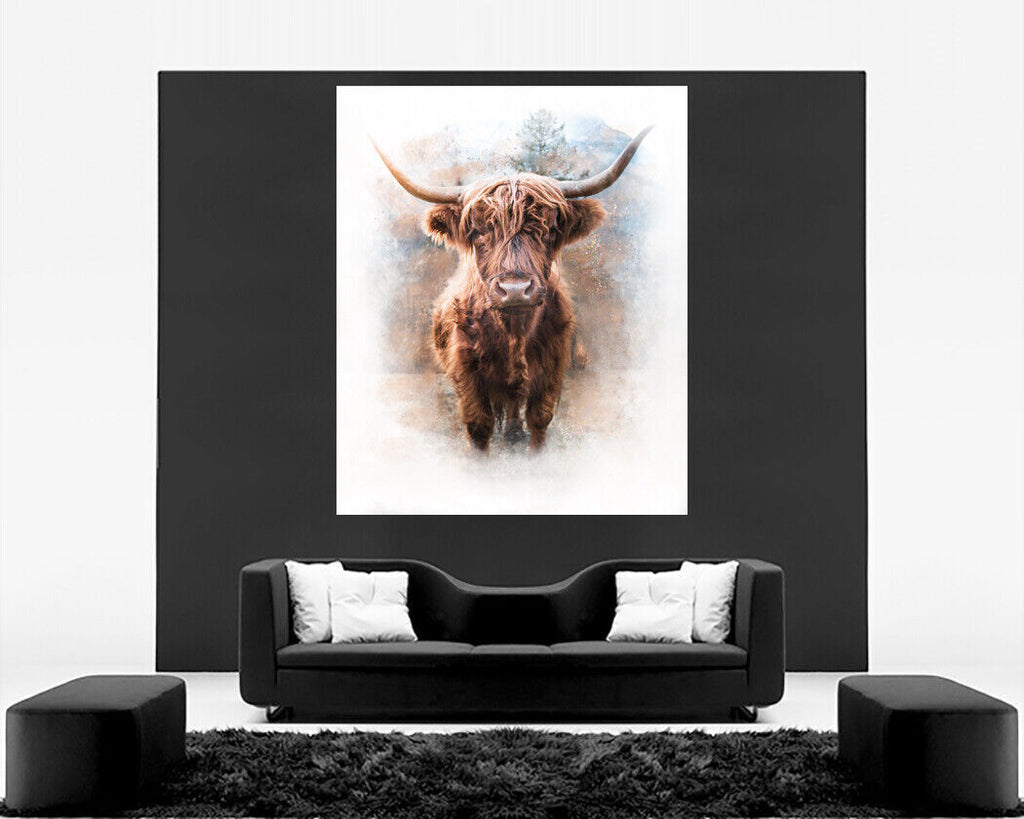 Highland Cow Watercolour Abstract Style Box Canvas wall art print picture