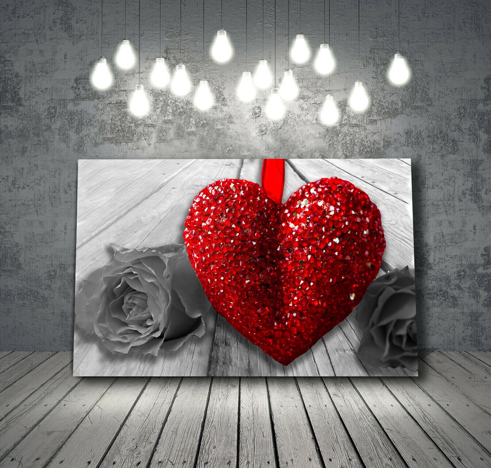 Red Heart & Rose Flower on grey wood Canvas Wall Art Picture Print