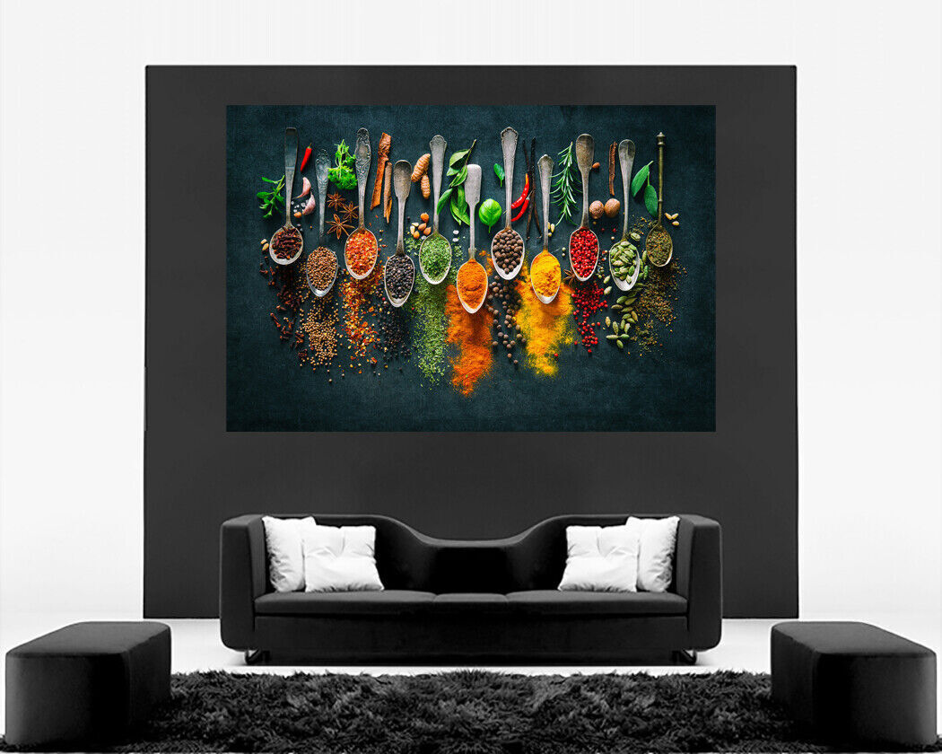 Herbs and Spices on Spoons Kitchen Canvas Wall Art Picture Print