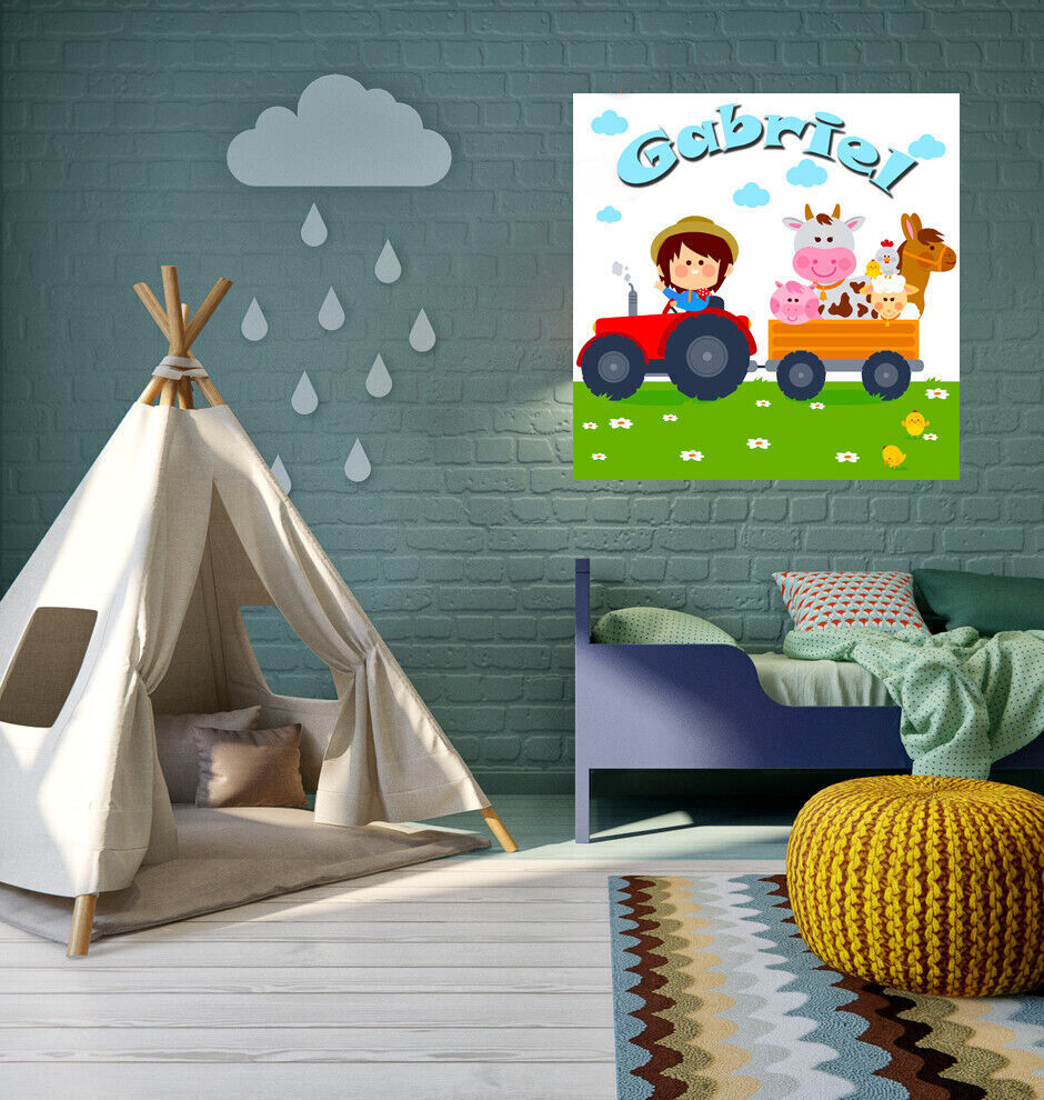 Childs Personalised Farms Tractor - Their Name on Canvas Wall Art Picture Print