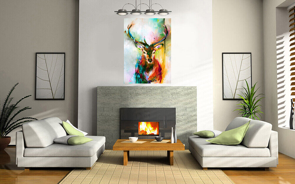 Colourful Stag Animal Abstract Painting Canvas Wall Art Picture Print