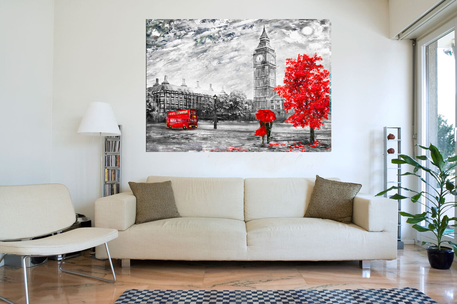 London Oil Painting Red Bus Umbrella Canvas Wall Art Picture Print