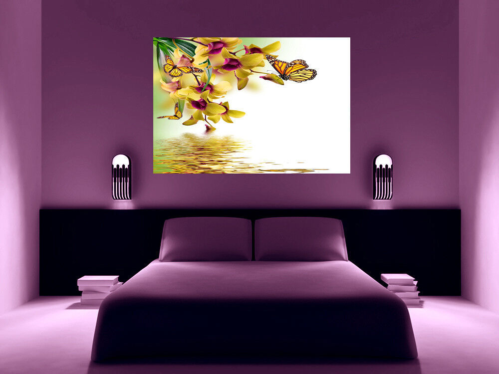 Yellow Orchid Flowers Butterflies Canvas Wall Art Picture Print - ALL SIZES
