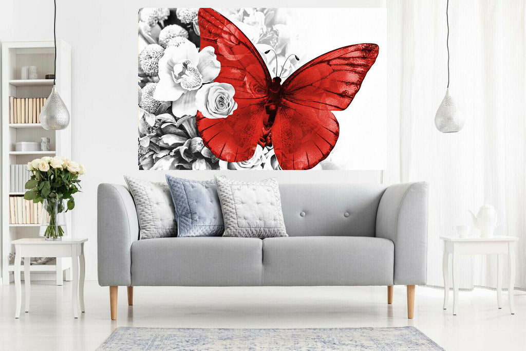 Red butterfly on grey floral abstract background Canvas Wall Art Picture Print