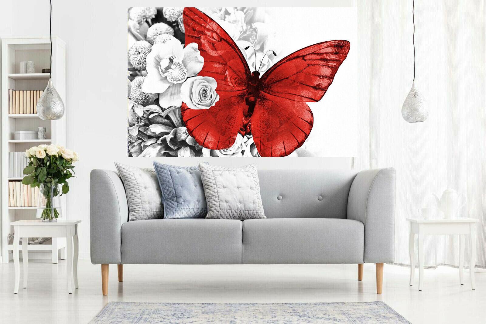 Red butterfly on grey floral abstract background Canvas Wall Art Picture Print