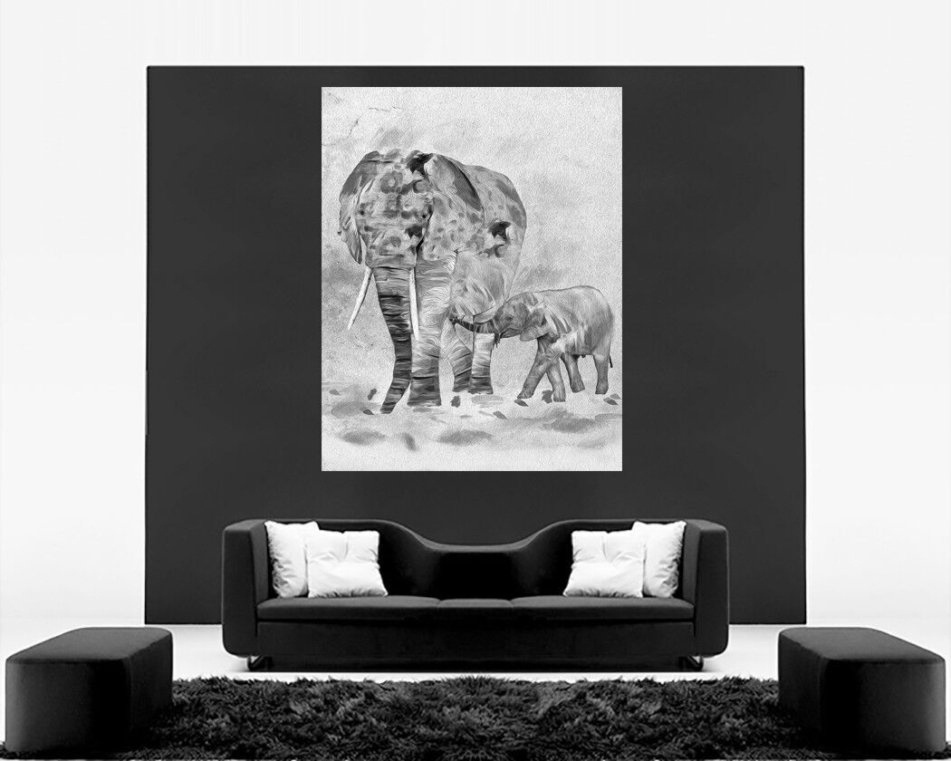 Abstract Black & White Elephants Canvas Wall Art Picture Print - A0, A1, A2