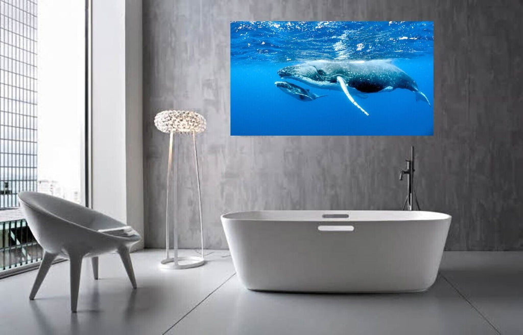 Humpback Whale and Calf Bathroom Blue Canvas Wall Art Picture Print