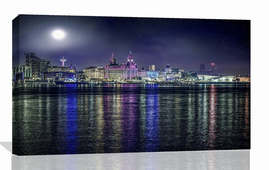 Liverpool Skyline at Night Landscape CANVAS WALL ART Picture Print