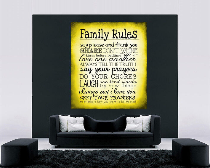 Yellow Family Rules Quote, Canvas Wall Art Print Picture ALL SIZES, ANY COLOUR