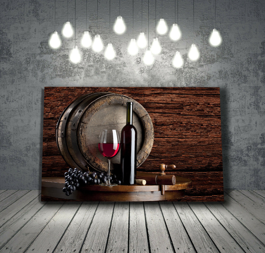 Wine Barrel And Grapes With Glass For Kitchen Food Canvas Wall Art Print