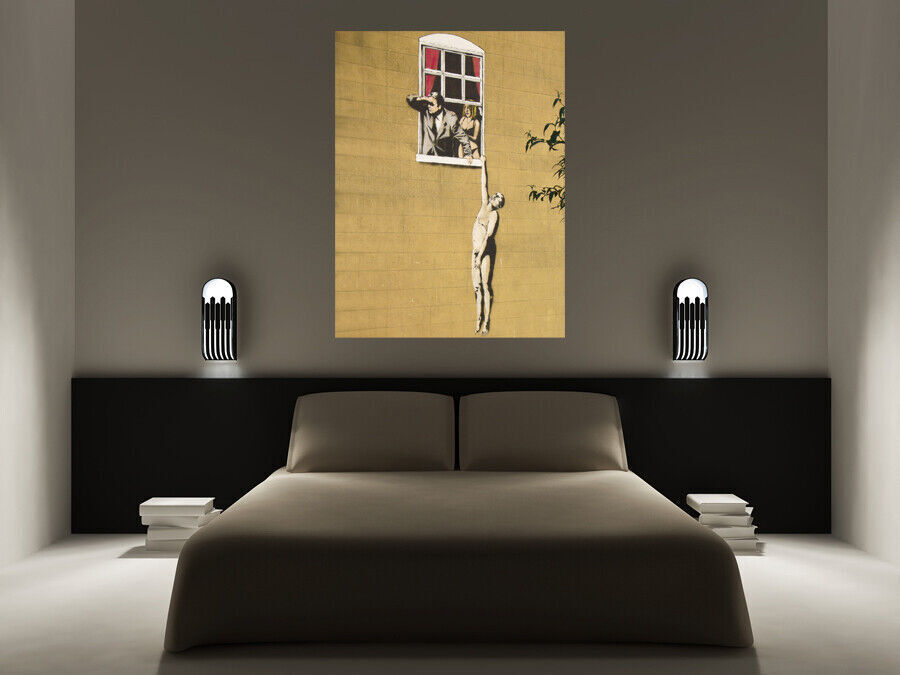 BANKSY BRISTOL LOVER HANGING FROM WINDOW CANVAS WALL ART GRAFFITI PRINT PICTURE