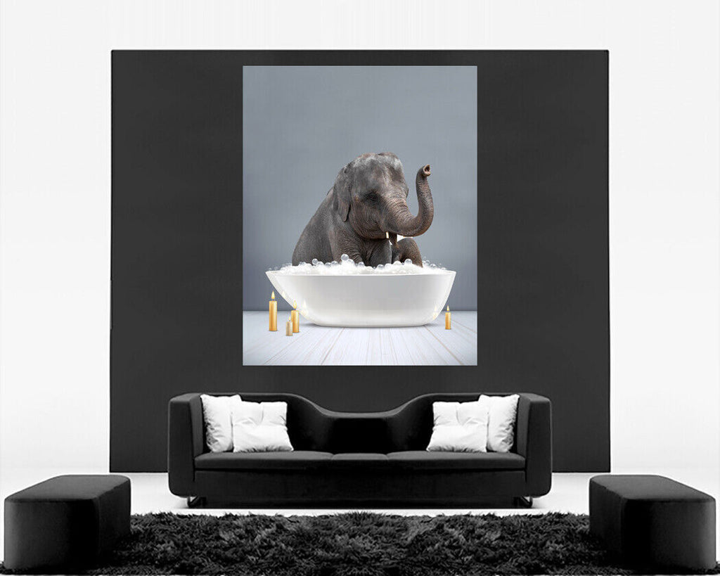 Elephant taking a bath CANVAS WALL ART Picture Print - Grey