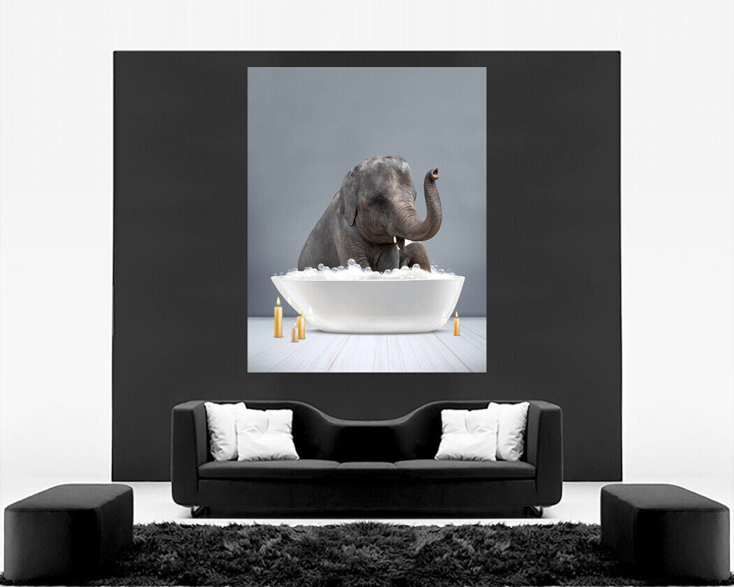 Elephant taking a bath CANVAS WALL ART Picture Print - Grey