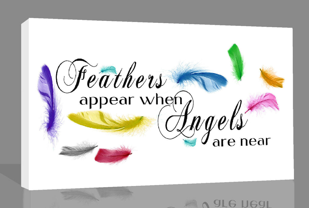 Rainbow colours Feathers appear when Angels quote Canvas Wall Art Picture Print