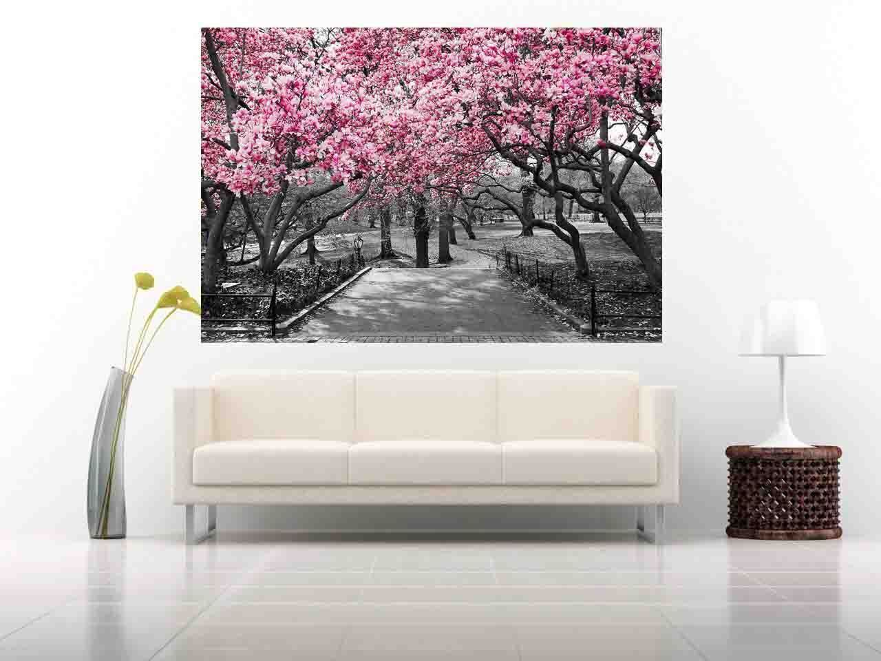 Black & White Wall Art Pink Blossoms Trees Canvas Wall Art Picture Print