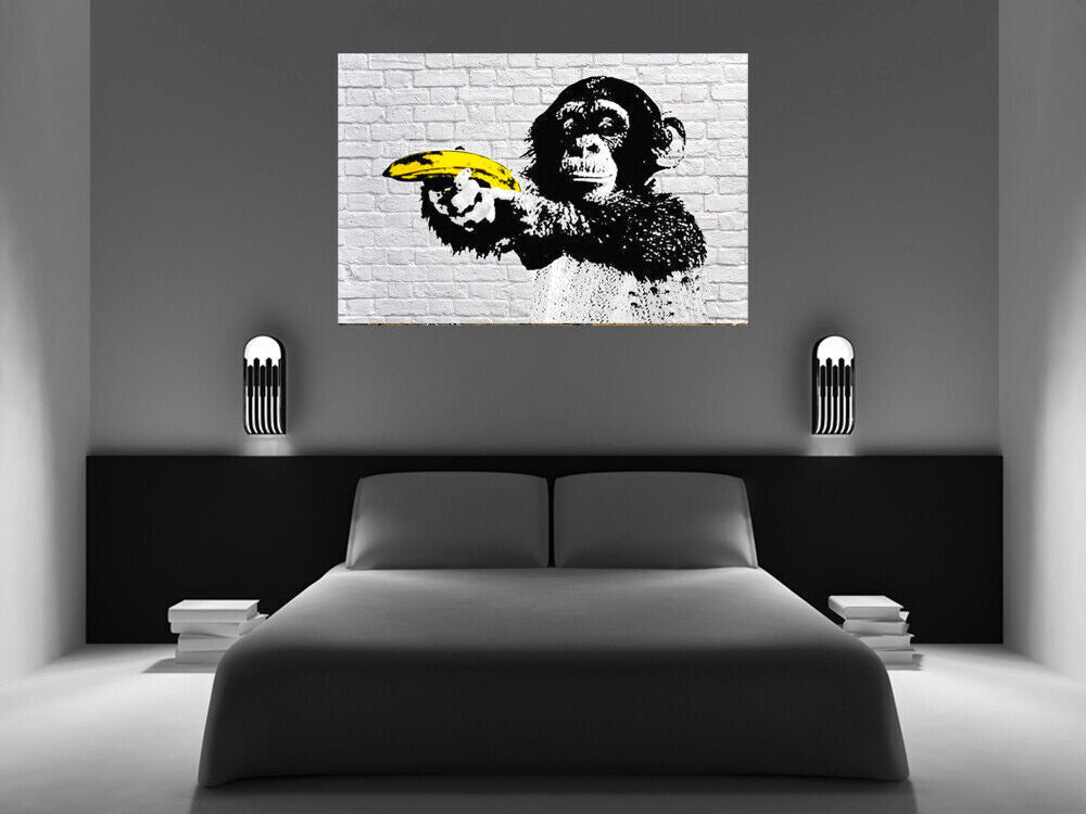 MONKEY POINTING BANANA ABSTRACT CANVAS WALL ART PICTURE PRINT READY TO HANG
